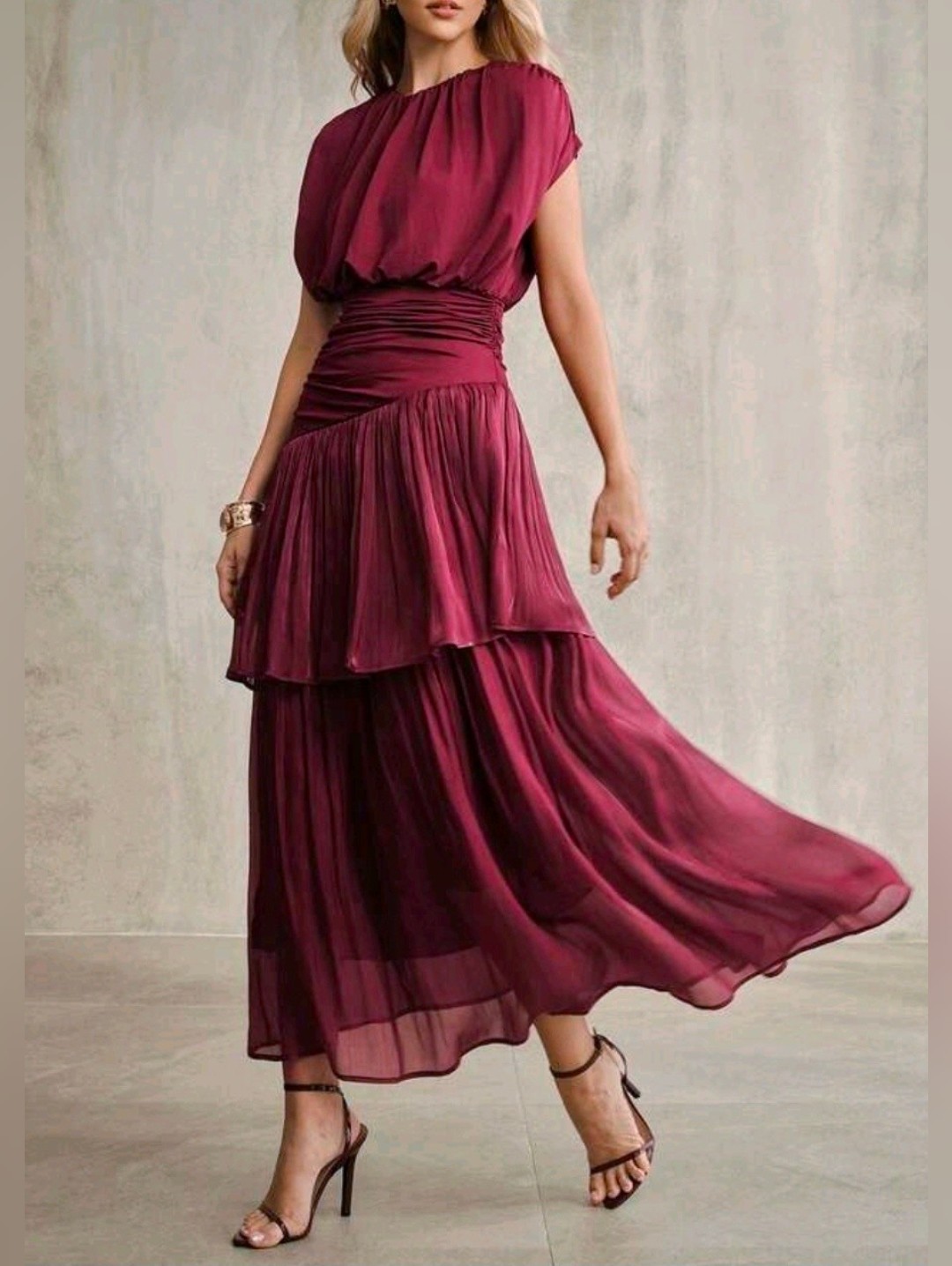 New Luxe Ruched Blouson Dropped Waist Tiered Maxi Dress Burgundy Red